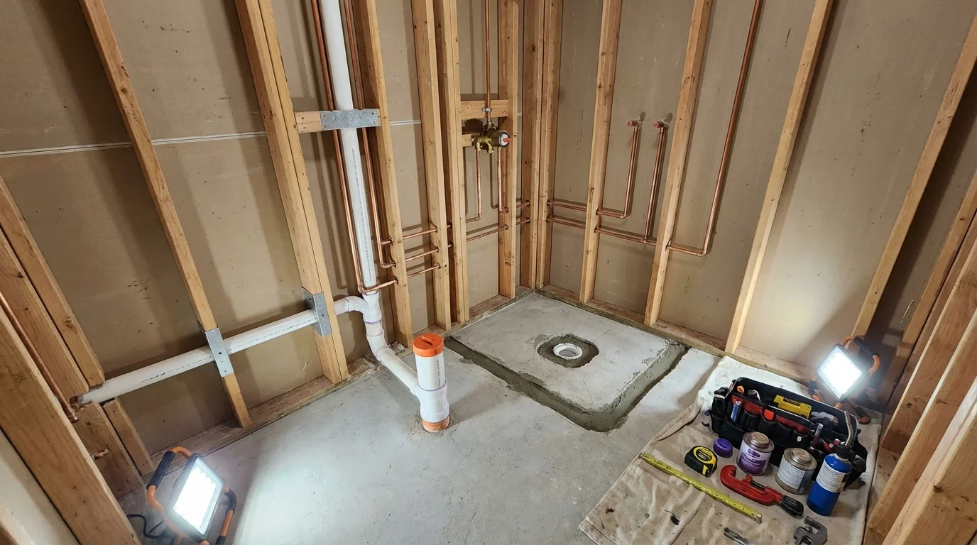 Bathroom rough-in plumbing during remodel by Johns Plumbing LLC in Mary Esther