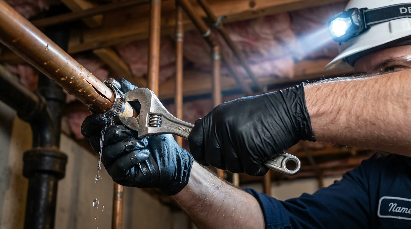 Emergency pipe clamp repair being performed by a Johns Plumbing LLC plumber in Mary Esther