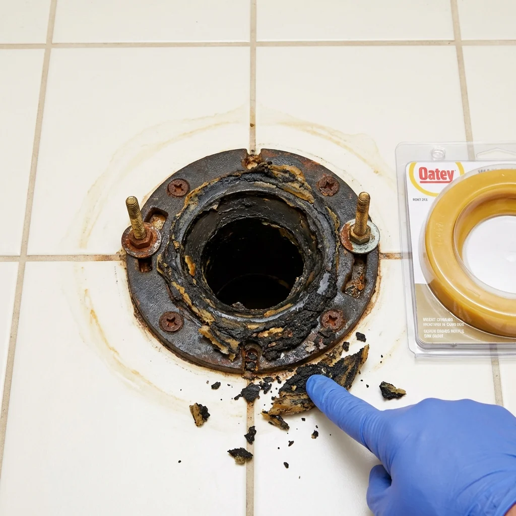 Failed wax ring showing water seepage at the base of a toilet in a Mary Esther, FL home