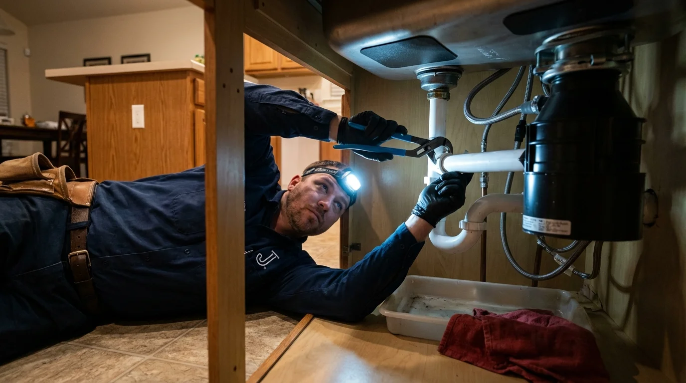 P-trap and supply line connections under a kitchen sink showing a common leak point in Mary Esther, FL
